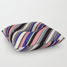 [ Thumbnail: Eye-catching Light Coral, Midnight Blue, Light Yellow, Dim Grey, and Black Colored Striped Pattern Floor Pillow ]