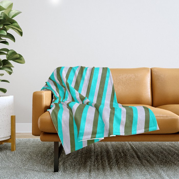 Lavender, Dark Olive Green, and Cyan Colored Lines Pattern Throw Blanket