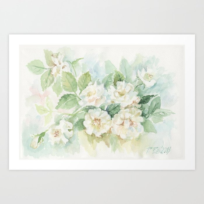 White Roses Bouquet Watercolour Painting Art Print By Canisart
