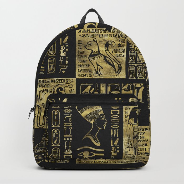 Egyptian  hieroglyphs and symbols gold on black leather Backpack