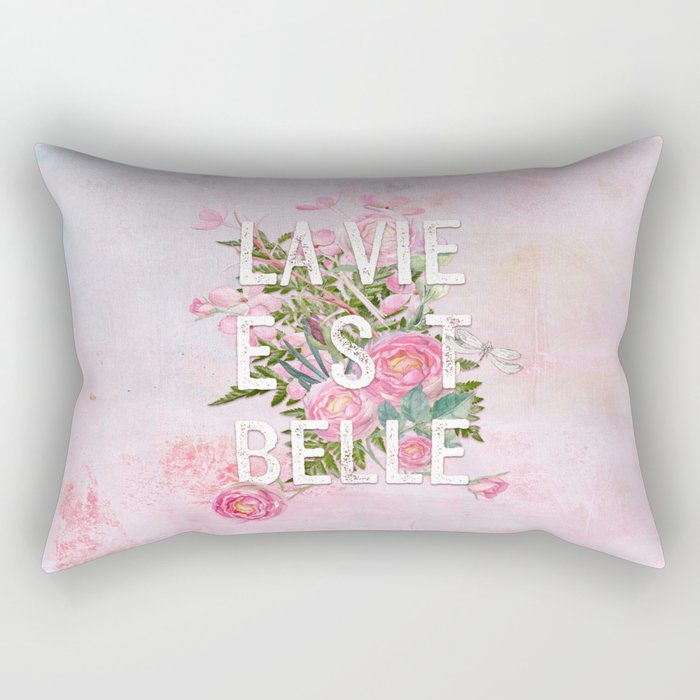 LAVIE EST BELLE - Watercolor -Pink Flowers Roses - Rose Flower Rectangular Pillow