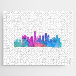Los Angeles Skyline Watercolor Blue Orange Pink Purple Green Cityscape Los Angeles California US Jigsaw Puzzle
