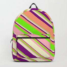 [ Thumbnail: Eye-catching Light Yellow, Purple, Light Salmon, Green & Light Pink Colored Stripes Pattern Backpack ]