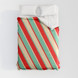 [ Thumbnail: Aquamarine, Red & Beige Colored Stripes Pattern Comforter ]