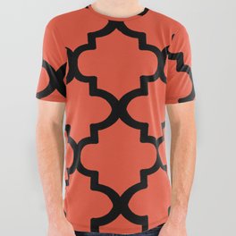 Quatrefoil Pattern In Black Outline On Red All Over Graphic Tee