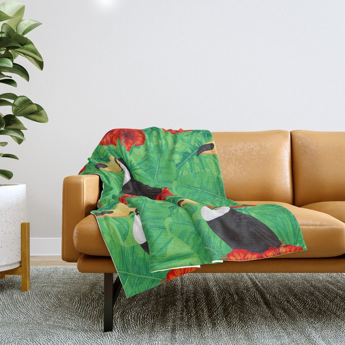 Tropical pattern with toucan and  tropical leaves Throw Blanket
