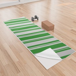 [ Thumbnail: Forest Green and Light Gray Colored Stripes Pattern Yoga Towel ]