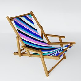 [ Thumbnail: Eyecatching Blue, Dark Turquoise, Violet, Mint Cream, and Black Colored Stripes Pattern Sling Chair ]
