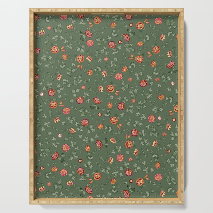 small orange-pink-red flowers on green  Serving Tray