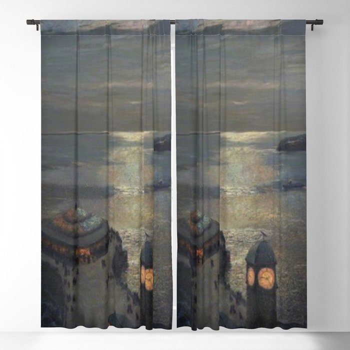 Plymouth Sound by Moonlight and Searchlight coastal nautical landscape painting by Julius Olsson Blackout Curtain