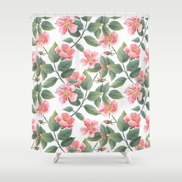 Wild roses watercolor seamless pattern. Flowers, leaves. Floral background. Fabric design, wallpaper Shower Curtain