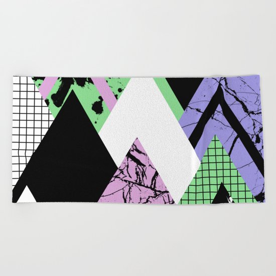 Textured Points - Marbled, pastel, black and white, paint splat textured geometric triangles Beach Towel