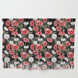 Daisy and Poppy Seamless Pattern on Black Background Wall Hanging