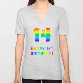 [ Thumbnail: HAPPY 14TH BIRTHDAY - Multicolored Rainbow Spectrum Gradient V Neck T Shirt V-Neck T-Shirt ]