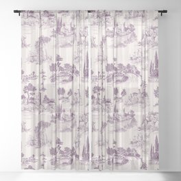Toile de Jouy French Vintage Pastoral Plum & Cream Stripe Sheer Curtain