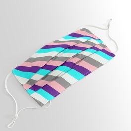 [ Thumbnail: Colorful Indigo, Cyan, Mint Cream, Grey, and Light Pink Colored Lined/Striped Pattern Face Mask ]