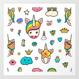Pattern with cute faces of unicorns, ice cream, stars, hearts, donut, rainbow, crowns, cupcake. Dreaming unicorns in bright colors Art Print | Background, Cute, Colors, Decoration, Colorful, Child, Celebration, Children, Bow, Cake 