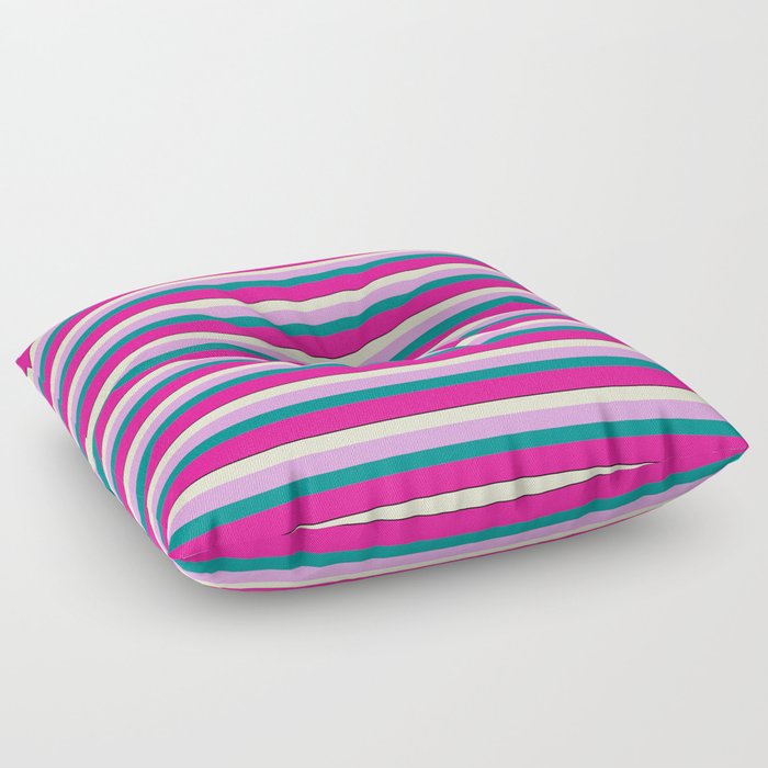 Colorful Light Yellow, Plum, Dark Cyan, Deep Pink & Black Colored Lined Pattern Floor Pillow