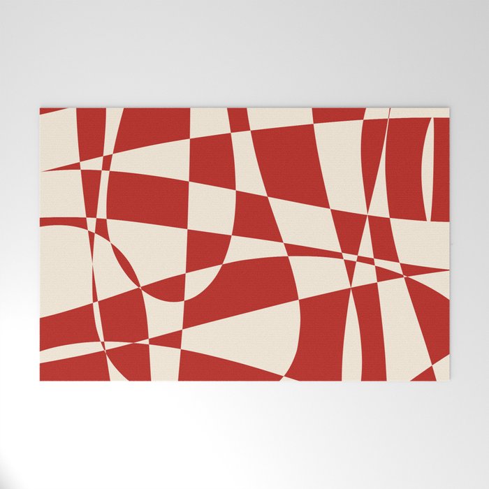 Deconstructed Harlequin Midcentury Modern Abstract Pattern in Retro Red and Almond Cream Welcome Mat