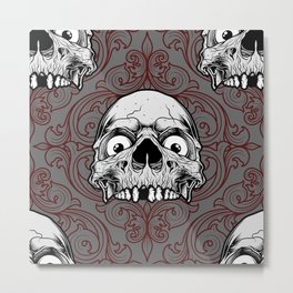 Skull Ornament Seamless Pattern, Halloween Vector Illustration, Halloween Costume, Halloween Day Metal Print | Cemetery, Abstract Background, Fear, Evil Eye, Skull Bones, Scare, Treat, Trickortreat, Scary, Ornamental 