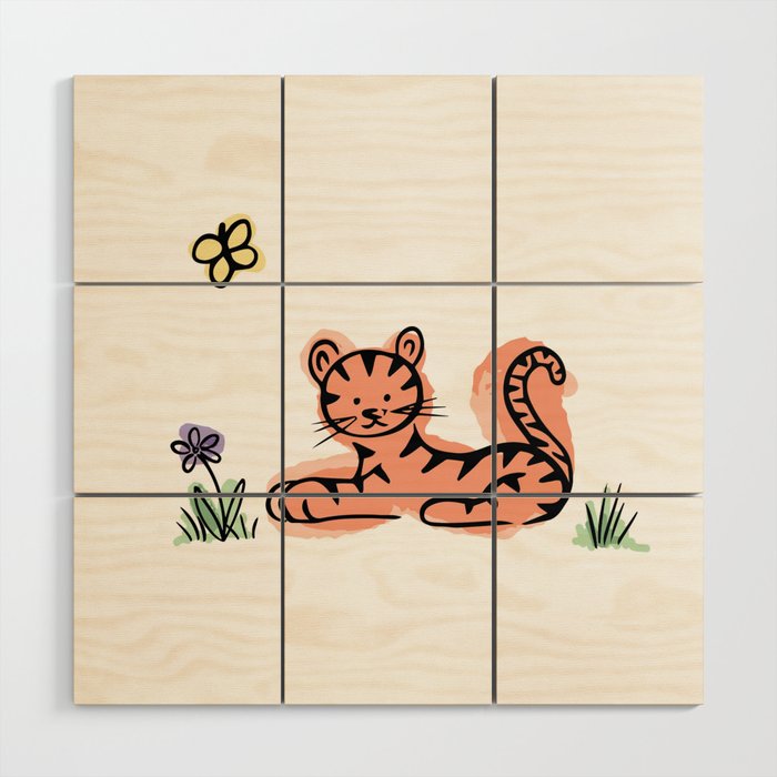 Baby Tiger with Purple Flower Wood Wall Art