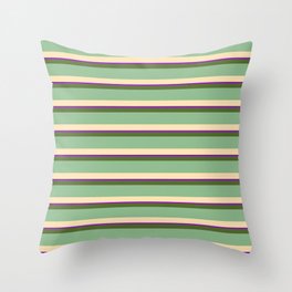 [ Thumbnail: Dark Olive Green, Dark Sea Green, Beige & Dark Violet Colored Lined/Striped Pattern Throw Pillow ]
