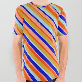 [ Thumbnail: Eye-catching Red, Goldenrod, Powder Blue, Blue, and Light Salmon Colored Lined/Striped Pattern All Over Graphic Tee ]