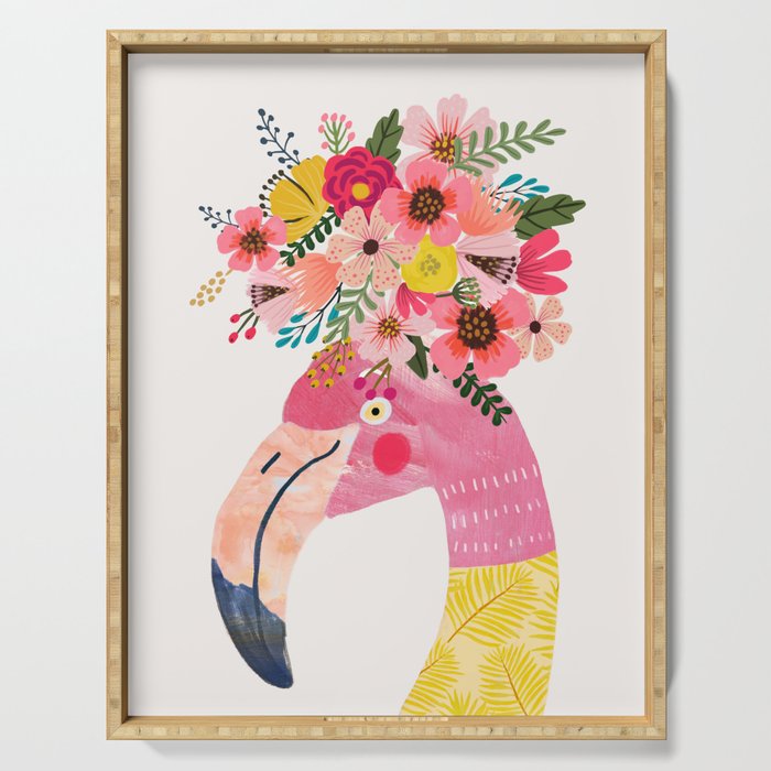 Pink flamingo with flowers on head Serving Tray