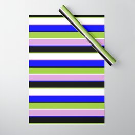 [ Thumbnail: Eyecatching Plum, Blue, Black, Green, and White Colored Striped/Lined Pattern Wrapping Paper ]