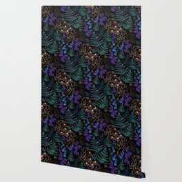 Moody Florals with Fern Leaves Black Wallpaper
