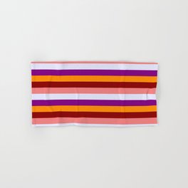 [ Thumbnail: Colorful Light Coral, Lavender, Purple, Dark Orange, and Dark Red Striped/Lined Pattern Hand & Bath Towel ]