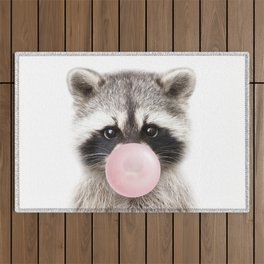 Baby Raccoon Blowing Bubble Gum, Pink Nursery, Baby Animals Art Print by Synplus Outdoor Rug