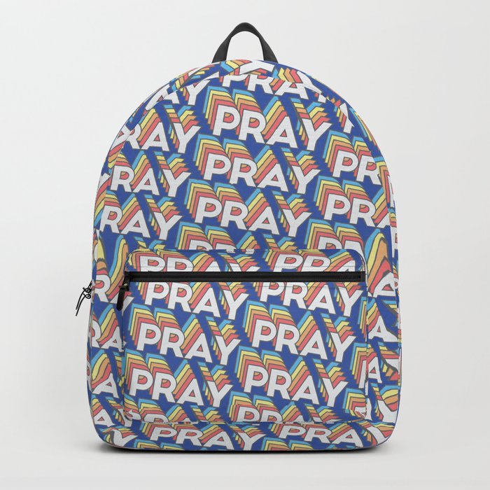 'Pray' Trendy Rainbow Text Pattern (Blue) Backpack