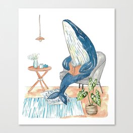 Humpback whale reading book watercolor painting Canvas Print