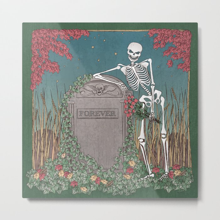 Skeleton Leaning on Grave Metal Print