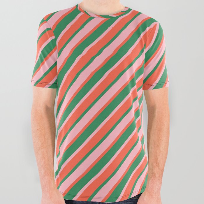 Sea Green, Light Pink, and Red Colored Lined/Striped Pattern All Over Graphic Tee