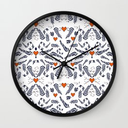 Red hearts and blue leaves pattern Wall Clock