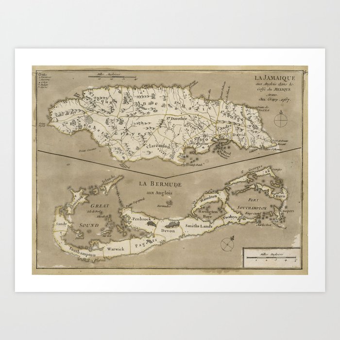 Vintage Map of Bermuda and Jamaica (1767) Art Print