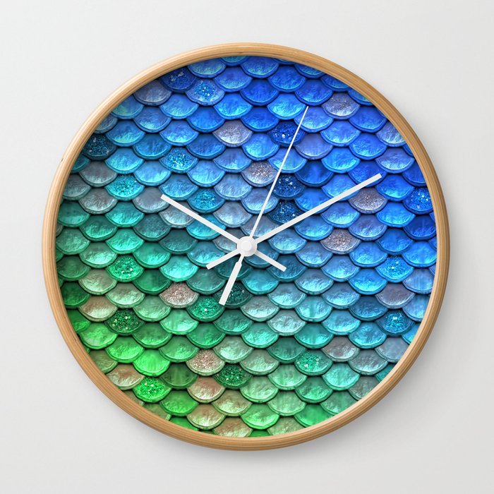 Aqua Teal & Green Shiny Mermaid Glitter Scales Wall Clock