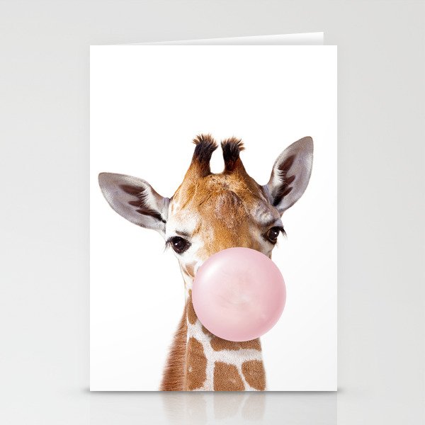 Baby Giraffe Blowing Bubble Gum, Pink Nursery, Baby Animals Art Print by Synplus Stationery Cards