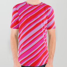 [ Thumbnail: Plum, Red & Deep Pink Colored Lined/Striped Pattern All Over Graphic Tee ]