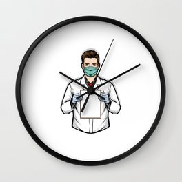 Doctor Holding Clipboard Illustration Wall Clock | Movie, Music, Comic, Vintage, Gamer, Graphicdesign, Sport, Anime, Funny, Cartoon 