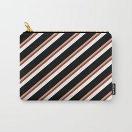 [ Thumbnail: Eye-catching Goldenrod, Plum, Brown, White & Black Colored Stripes Pattern Carry-All Pouch ]