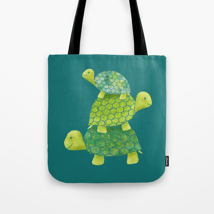 Turtle Stack Family in Teal and Lime Green Tote Bag
