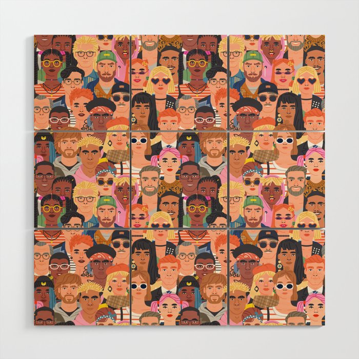 Crowd of diverse people cartoon character group seamless pattern Wood Wall Art