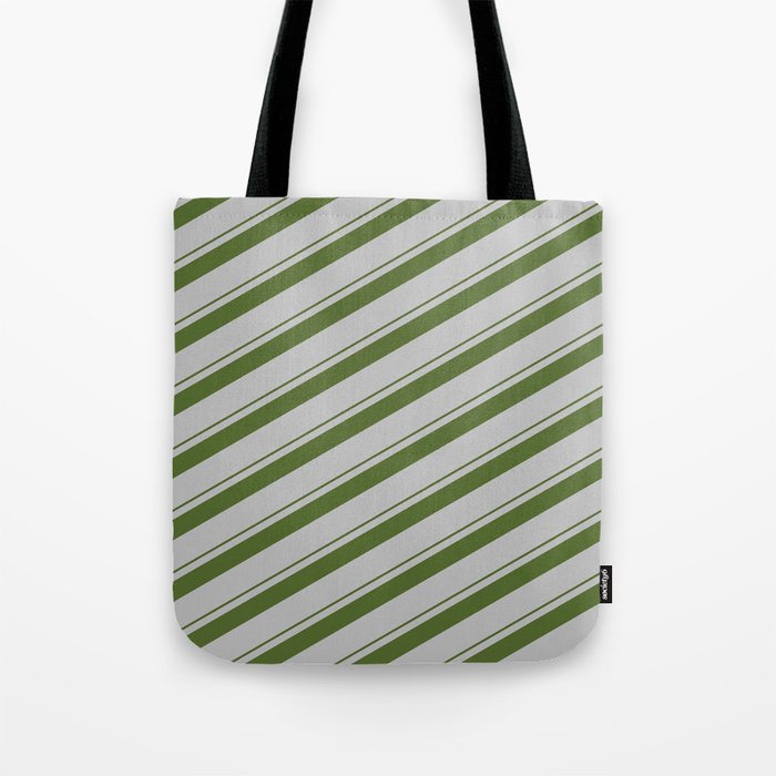 Dark Olive Green & Grey Colored Striped/Lined Pattern Tote Bag