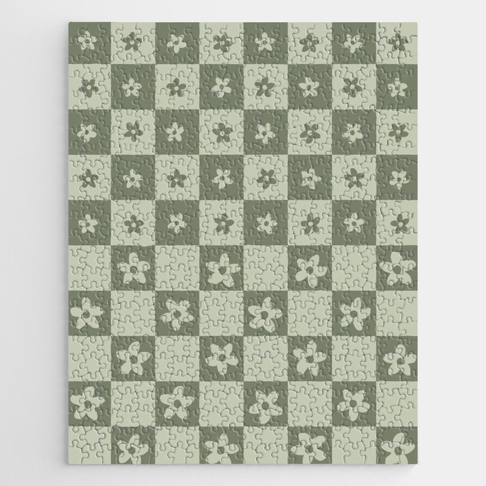 Abstract Floral Checker Pattern 13 in Sage Green Jigsaw Puzzle