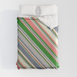 [ Thumbnail: Eye-catching Beige, Light Coral, Forest Green, Grey, and Slate Gray Colored Lined/Striped Pattern Duvet Cover ]