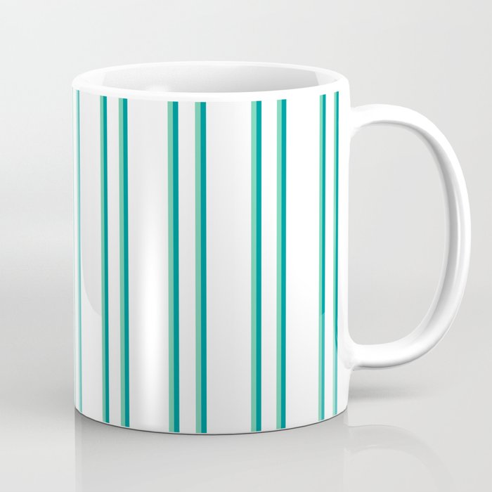 White, Aquamarine, and Dark Cyan Colored Lined Pattern Coffee Mug
