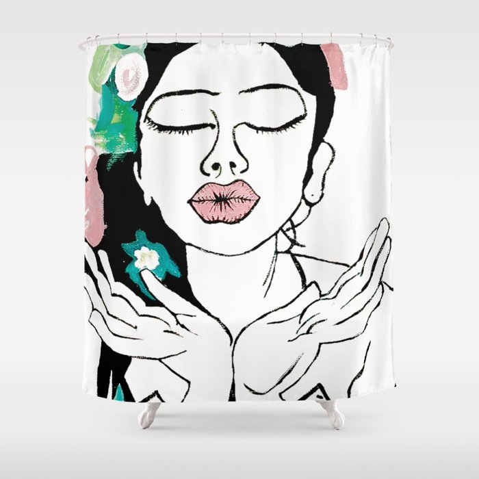 Kisses: a pretty, minimal, portrait illustration in black and white with a hint of color Shower Curtain